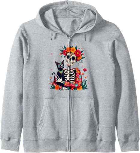 Skeleton & Cat Sugar Skull Día de los Muertos tees - sugar skull zip up hoodie mens