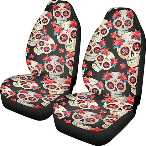 Halloween Skull Car Seat Covers 2PCS Full Set, Christmas Flower Skeleton Universal Car Seat Protectors, Day of The Dead Sugar Skull Car Accessories for Auto Trucks SUV - sugar skull car pet seat cover