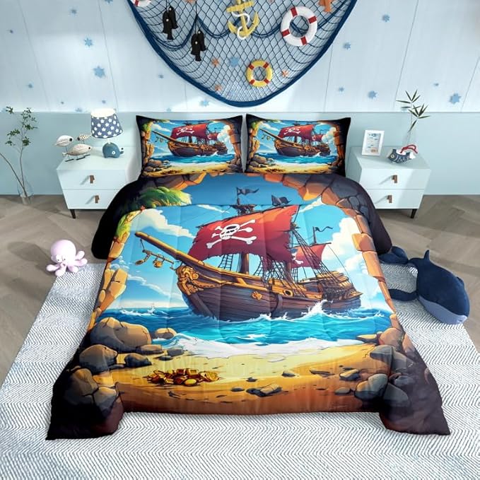Castle Fairy Pirate Boat Comforter Set Full Size for Kids Boys Girls Navigation Treasure Adventure Bedding Sets All Season Gothic Sugar Skull Quilt Set Bedroom Decor Nautical Down Comforter,3Pcs - sugar skull bedding set