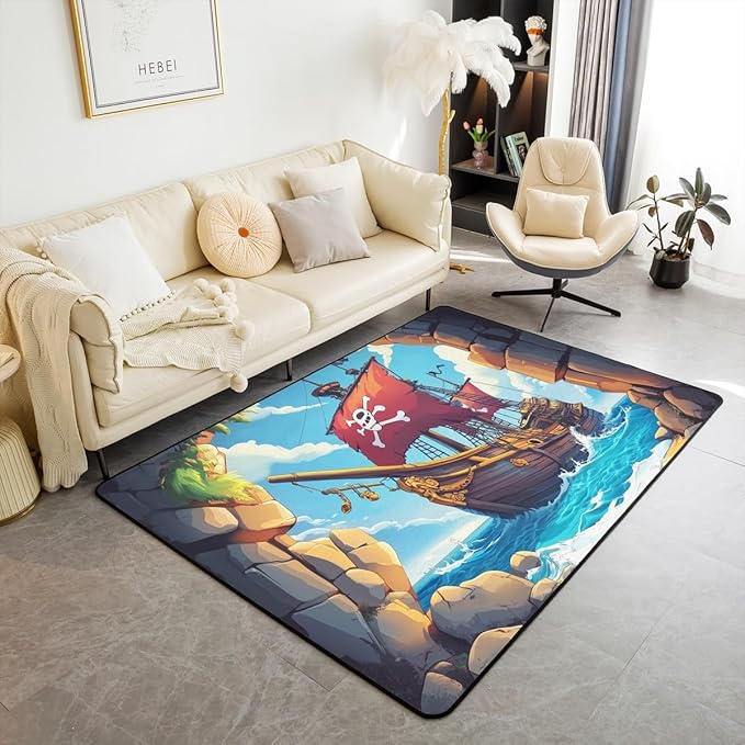 Pirate Boat Area Rug 5x7 Navigation Treasure Adventure Rug for Girls Boys Kids Adult Gothic Sugar Skull Carpet for Living Room Nautical Non Slip Washable Decorative Rug - sugar skull area rug