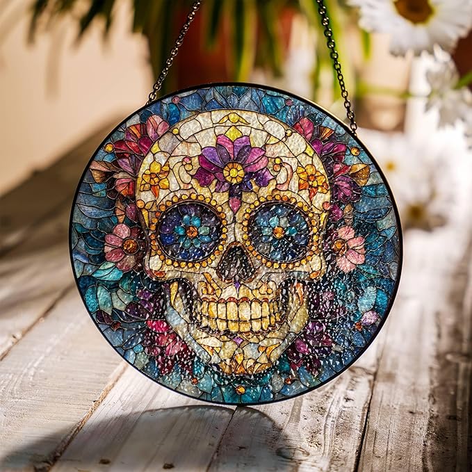 Floral Day of The Dead Sugar Skull Stained Glass Sun Catcher Dia De Los Muertos Light Catcher Window Hanging Halloween Calavera Home Decoration Round Stained Glass - sugar skull wine glass