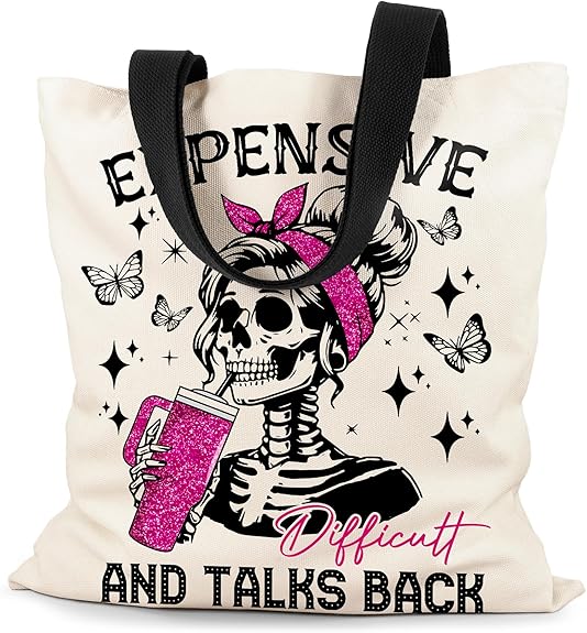 Canvas Tote Bag Aesthetic for Women, Cute Tote Bag with Zipper Pocket, Heavy Duty Reusable Shopping Bags for Grocery - sugar skull handbags for sale