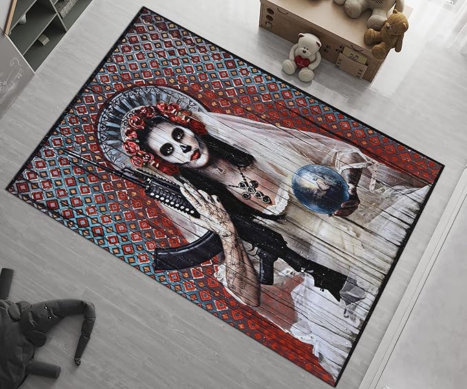 Santa Muerte Rug, Skull Design, Sugar Skull Carpet, Occult Art, Witch Wizard Rug, Wiccan Carpet, Pagan Decor, Room Decor, Gift for ws84 70X110inch//180x280Cm - sugar skull area rug