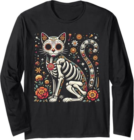 Day of the Dead Domestic Shorthair Cat Apparel Co. - sugar skull long sleeve shirt mens
