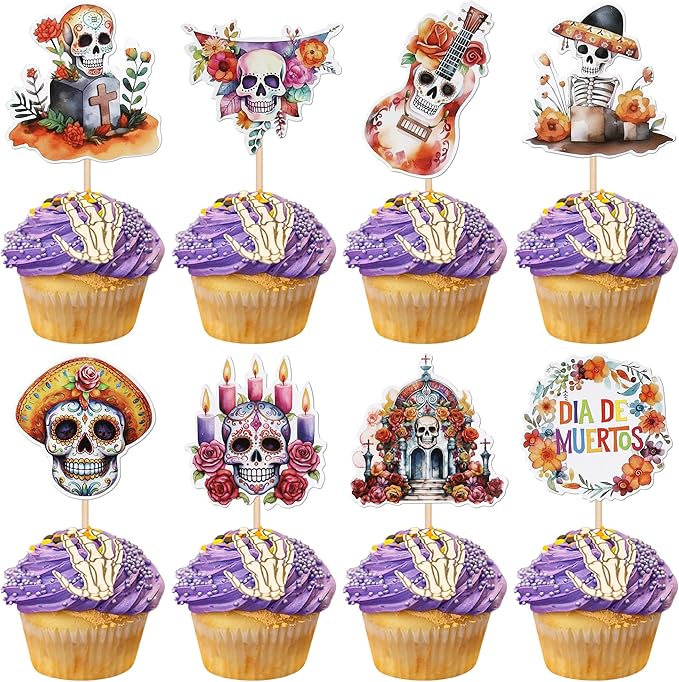 40 PCS Dia De Los Muertos Cupcake Toppers Day of The Dead Skeleton Sugar Skull Cupcake Picks for Dia De Los Muertos Sugar Skull Mexican Fiesta Halloween Theme Party Cake Decorations Supplies - sugar skull coffee cup