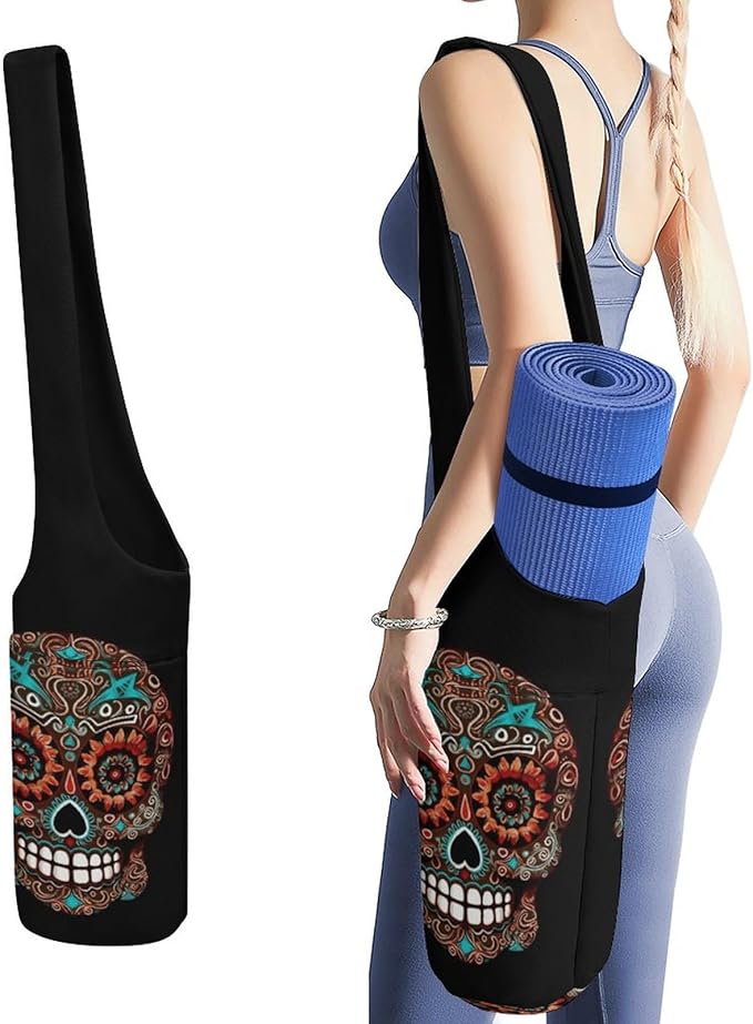 Yoga Mat Carrying Bag,Sugar Skulls Day of The Dead Printed Women's Yoga Bag with Multi-Functional Storage Pockets,Large Yoga Mat Bag Fits Most Size Yoga Mats - sugar skull yoga mat