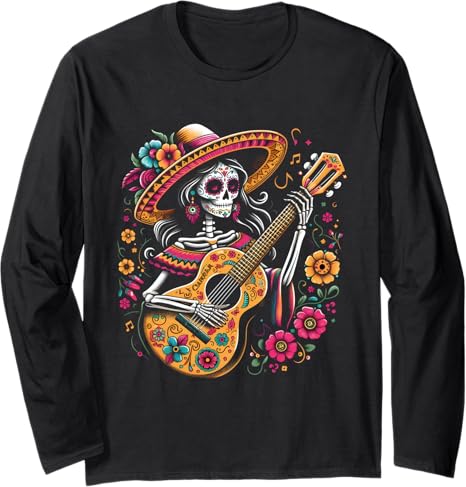 Guitar Dia De Los Muertos Catrina Costume - sugar skull long sleeve shirt mens