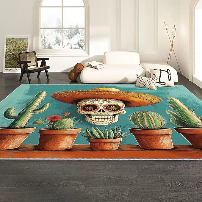 Sugar Skull 3 x 4 ft Area Rug for Living Room, Washable Retro Style Skull Cactus Low-Pile Carpet for Bedroom Kitchen Carpet - Indoor Non-Slip Rug for Dining Room Bathroom Door Mat - sugar skull toilet mat set