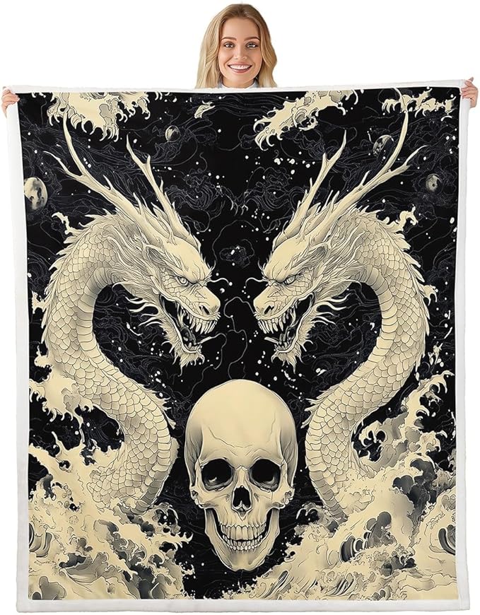 Erosebridal Gothic Dragon Throw Blanket 40x50,Sugar Skull Blanket for Sofa Bed Couch,Dragon Scale Ancient Animal Plush Blanket Luxury Soft,Ocean Wave Soft Lightweight Fleece Blanket - sugar skull throw blanket