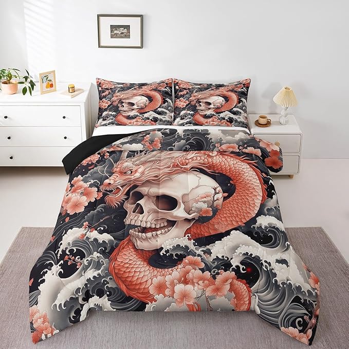 Erosebridal Sugar Skull Bedding Comforter Sets Full Size,Groovy Flower Floral Comforter Set,Dragon Ancient Animal Bedding Luxury Soft,Red Black Gothic Skeleton Duvet Insert Soft Microfiber - sugar skull bedding set