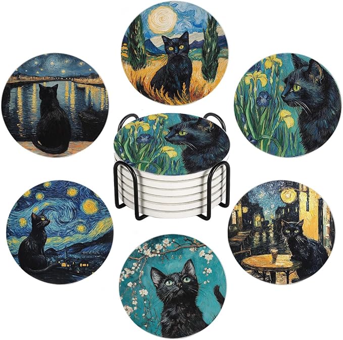 Drink Coasters for Drinks Set of 6, Art and Black Cat Absorbent Round Ceramic Stone Mat Coaster, with Cork Base and Metal Holder, Home Bar Decor House Warming Gift - sugar skull coasters set