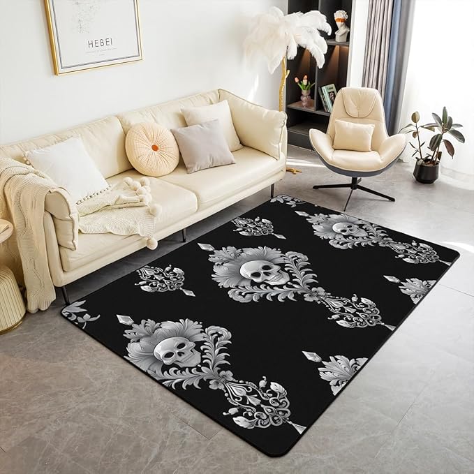Erosebridal Sugar Skull Carpet,Boho Black Damask Skeleton Area Rug 3x5 Non Shedding,Vintage Flower Floral Indoor Floor Mat,Sparkle Stars Galaxy Decorative Washable Rug for Dining Room Under Table - sugar skull area rug