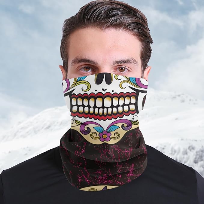 Skull Face Neck Gaiter Multifunctional Headwear for Cycling and Outdoor Sports - sugar skull flower crown