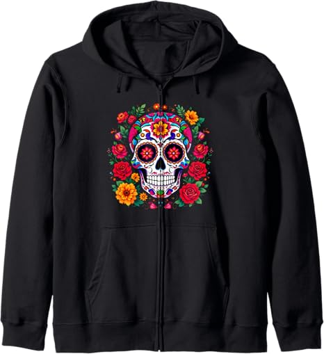 Colorful Sugar Skull Floral Art Tee Fiesta - sugar skull zip up hoodie mens