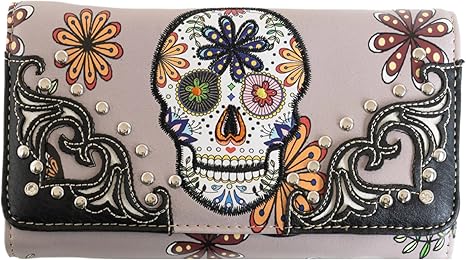 Sugar Skull Gothic Wallet for Women - Day of the Dead Western Leather Wallet (Gray) - sugar skull handbags for sale