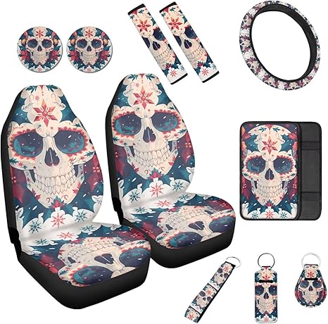 Skull Gothic Painting 11 Pieces of Pattern Car Seat Covers Halloween Skeleton Flower Pattern Car Seat Covers Full Set Universal Size for Car, Truck or SUVs - sugar skull car seat covers set