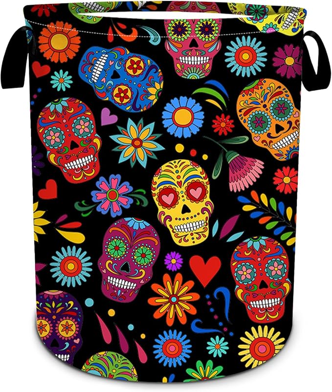 Sugar Skull Flower Laundry Basket, Foldable Waterproof Halloween Laundry Hamper Funny Tote Bag Dirty Clothes Storage Bucket Toy Organizer for Bathroom/Laundry/Bedroom 15.7"x19.6" - canvas sugar skull tote bag