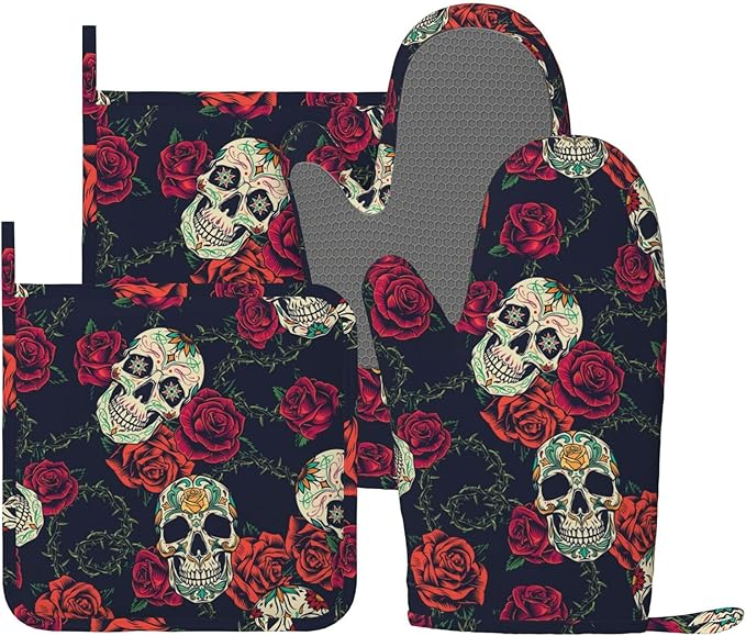 Vintage Rose Elegant Skull Oven Mitts and Pot Holders Set of 4 Silicone Heat Resistant Oven Mitten Potholders Non Slip Gloves Kitchen Decor for BBQ Cooking Grilling Baking - sugar skull oven mitts