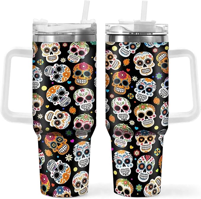 40oz Sugar Skull Tumbler - Stainless Steel Vacuum Insulated Double Wall Travel Cup with Handle, Lid, Straw, Unique Day of the Dead Gift for Men and Women - sugar skull tumbler with straw
