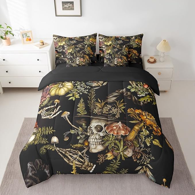 Feelyou Sugar Skull Bedding Set Death Moth Comforter Set with Sheets 7 Piece for Boys Girls Teens Flroal Leaf Print Bed in a Bag Twin Size Natural Theme Bed Set with Comforter,Sheets,Pillowcases - sugar skull bedding set