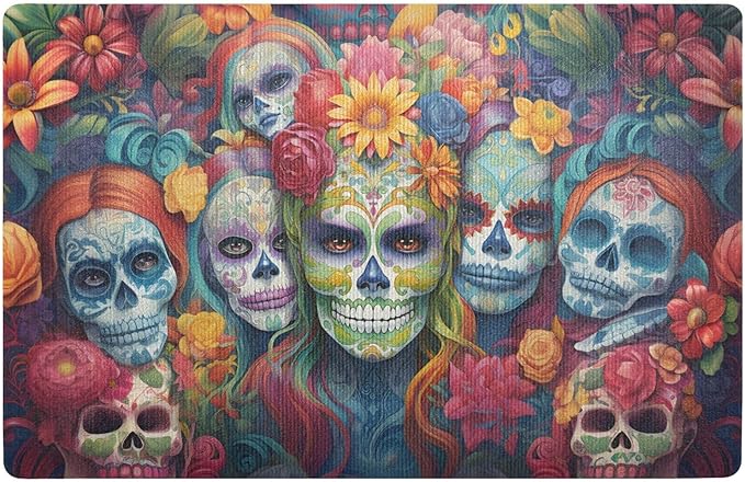 ALAZA Sugar Skulls Day of Dead Front Door Mat Outside Entrance 32x20 Inch Doormat for Outdoor Indoor Washable Non Slip Floor Mats - sugar skull area rug