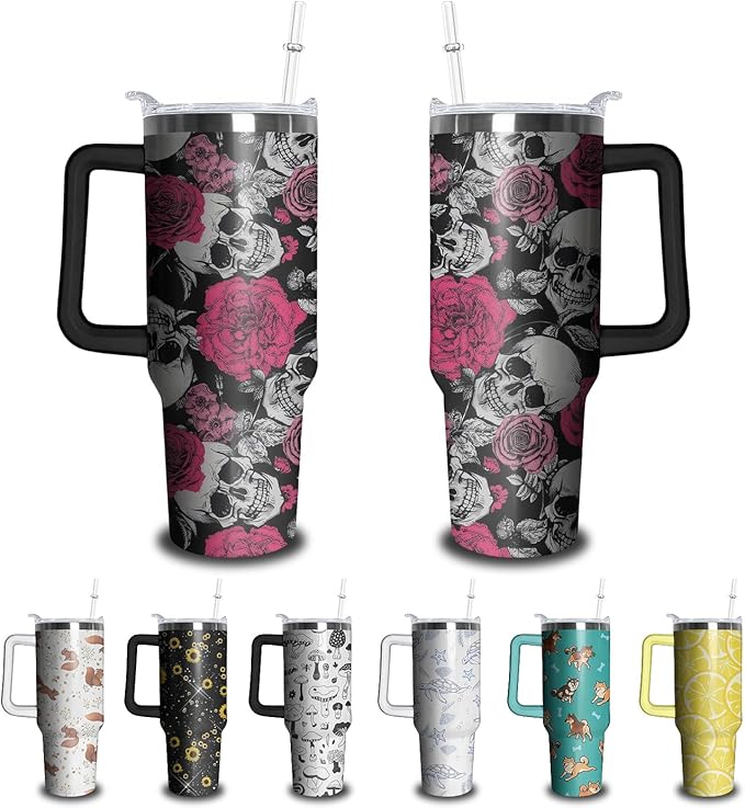 40oz Skull Tumbler with Handle and Straw, Skeleton Gothic Floral Stainless Steel Insulated Cup with Lid and Straw, Horror Travel Coffee Mug Water Bottle, Birthday Halloween Gifts for Women Men - sugar skull tumbler with straw