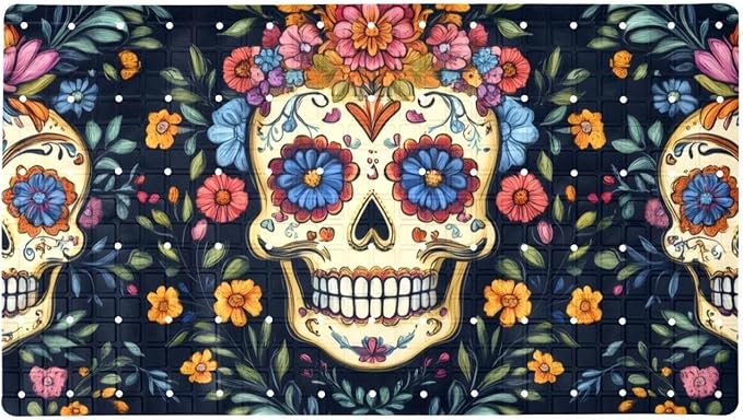 Bathtub and Shower Mat, Aesthetic Sugar Skulls in Flower Wreaths Anti-Slip Bath Mats for Inside Tub, Bathroom Mats with Suction Cups 15.1x26.8 Inch - sugar skull wreath for front door