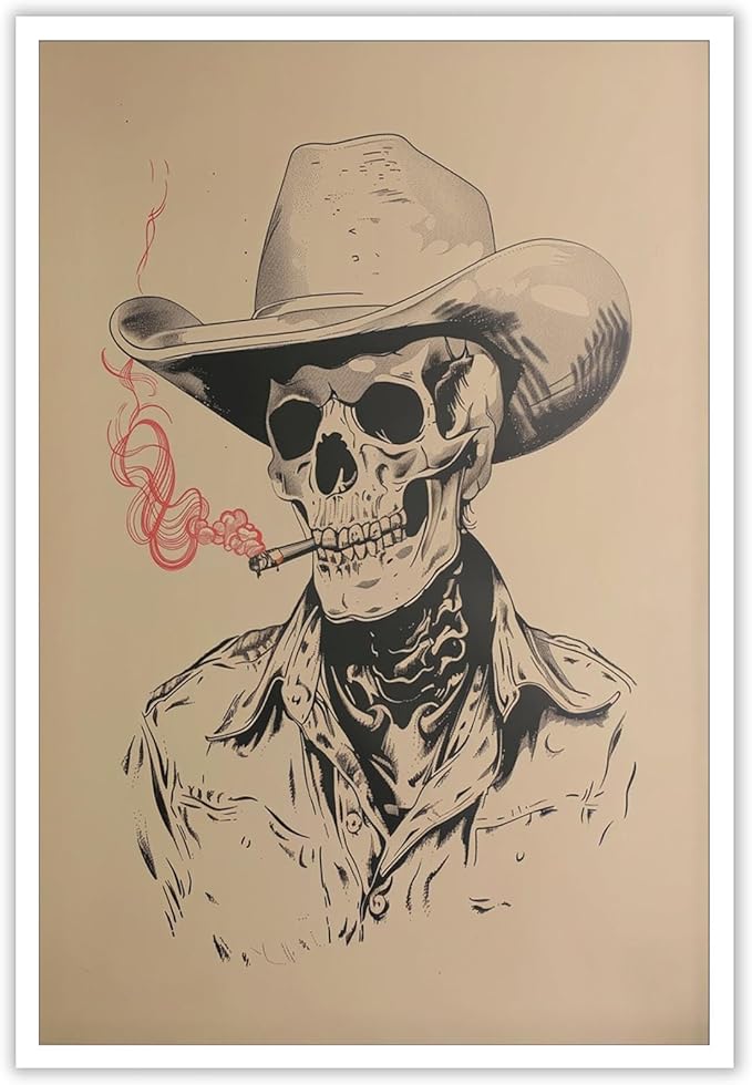 Vintage Cowboy Skull Wall Art Trendy Western Skeleton Head Canvas Posters Retro Vibrant Southwestern Skull Minimalist Prints Painting For Living Room Bedroom Rural Wall Decor 8x12in Unframed - sugar skull poster print