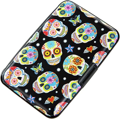 Credit Card Holder, Metal Card Wallet RFID Blocking Mini Slim Aluminum Business Hard Card Case for Women Men (Butterfly Sugar Skulls) - sugar skull wallets for women