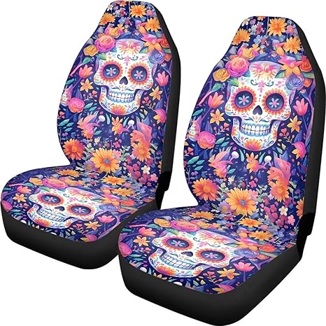 Halloween Candy Skull 2 Pcs Car Seat Covers Full Set, Ditsy Flower Skeleton Front Split Bench Seat Covers for Cars, Sugar Skull Universal Seat Cover for Sedan,SUV,Truck - sugar skull car seat covers set