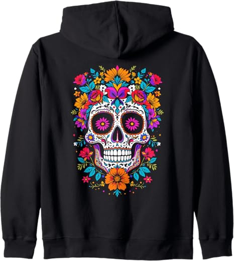 Mexico Themed Graphics & Motifs with Flowers - sugar skull zip up hoodie mens
