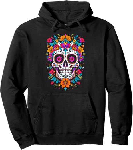Mexico Themed Graphics & Motifs with Flowers - sugar skull hoodie mens