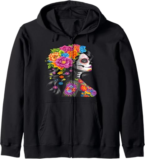 Flo Design De Los Muertos - sugar skull zip up hoodie mens
