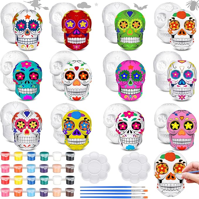 CroBlissful 12 Sets Halloween Skull Ceramic to Paint Ready to Paint Your Own Sugar Skull Figurines Unpainted Plaster Arts and Crafts with Brush Palette for Adults Halloween and Day of The Dead Decor - sugar skull figurine collectible