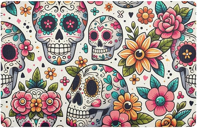 ALAZA Sugar Skull Day of Dead Flower Front Door Mat Outside Entrance 32x20 Inch Doormat for Outdoor Indoor Washable Non Slip Floor Mats - sugar skull area rug