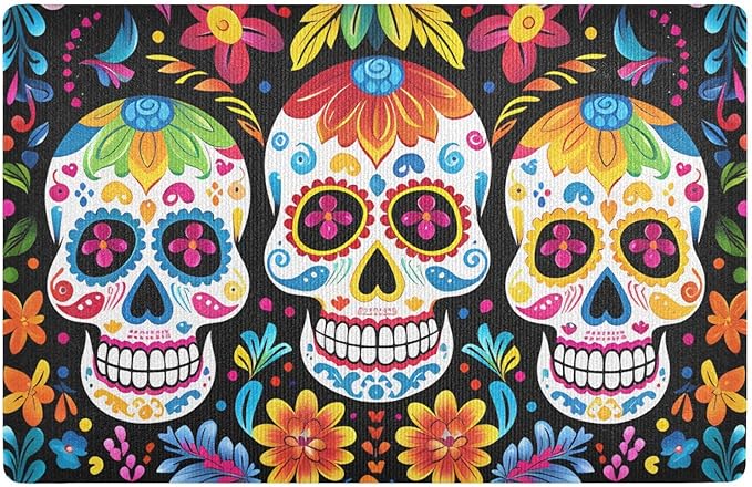 ALAZA Sugar Skull Day of Dead Front Door Mat Outside Entrance 32x20 Inch Doormat for Outdoor Indoor Washable Non Slip Floor Mats - sugar skull floor mat