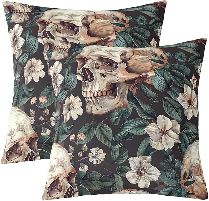 Feelyou Sugar Skull Throw Pillow Covers 20"x20" Set of 2 Gothic Skeleton Flroal Pillow Case Cushion Cover Tropical Leaves Decorative Throw Pillowcase for Sofa Botanical Leaf Pattern Grey Cushion Case - sugar skull throw pillow