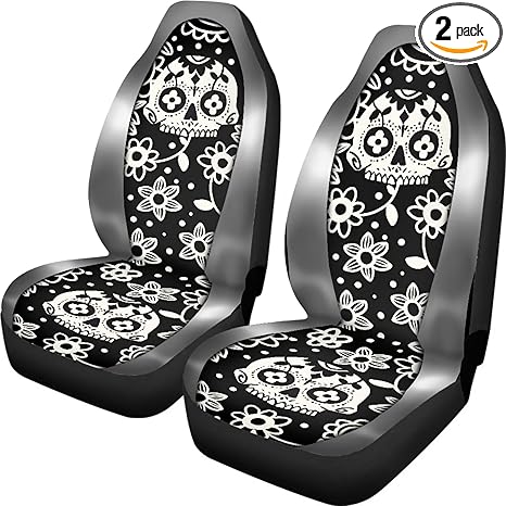 Sugar Skull Flower Print Car Seat Covers Waterproof Car Seat Protector Breathable Car Front Seats Only Interior Covers for Car SUV Truck Sedan, Pack of 2 - sugar skull car seat covers set