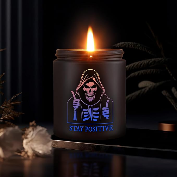 Scented Candle for Men with Color Sensor Light, Stay Positive Skeleton Man Black Aromatherapy Candles, Natural Hand Poured, 7 oz Soy Candle Gift for Christmas - sugar skull candle holder
