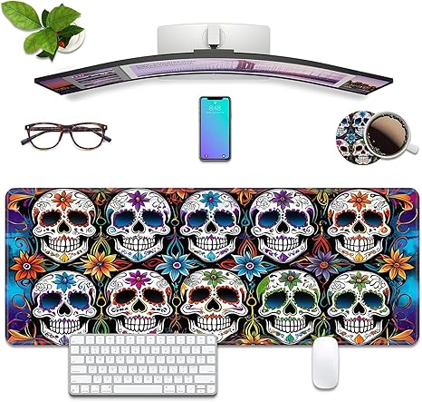 Colorful Sugar Skull Desk Pad Mat Gaming Mouse Pad with Coasters, XL Large Extended Mousepad Desk Decor Writing Mat Stitched Edges Non Slip Rubber Base for Work/Game/Office/Home 31.5"x 11.8" - sugar skull coasters set