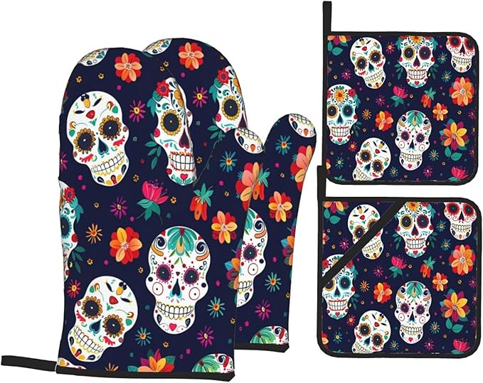 Halloween Sugar Skull Oven Mitts and Pot Holders Sets, Mexican Skull Kitchen Gloves Oven & Potholders, Heat Resistant Hot Pads and Oven Mittens for Cooking BBQ Baking - sugar skull oven mitts