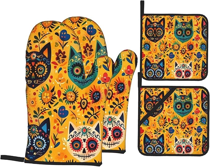 Skull Flower Cat Oven Mitts and Pot Holders Sets, Sugar Skeleton Kitten Kitchen Gloves Oven & Potholders, Heat Resistant Hot Pads and Oven Mittens for Cooking BBQ Baking - sugar skull oven mitts