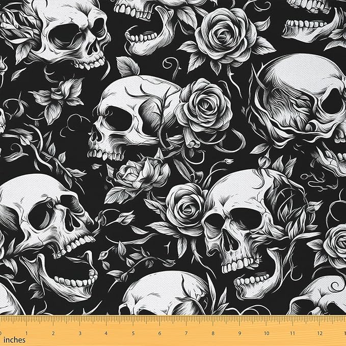 Feelyou Kids Sugar Skull Fabric by The Yard 1 Yard Rose Flroal Upholstery Fabric for Chairs Gothic Skeleton Decorative Waterproof Outdoor Fabric Botanical Floral Print Sliver Outdoor Fabric - sugar skull apron for women