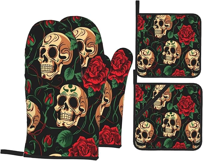 Rose Sugar Skull Oven Mitts and Pot Holders Sets, Halloween Skeleton Kitchen Gloves Oven & Potholders, Heat Resistant Hot Pads and Oven Mittens for Cooking BBQ Baking - sugar skull oven mitts