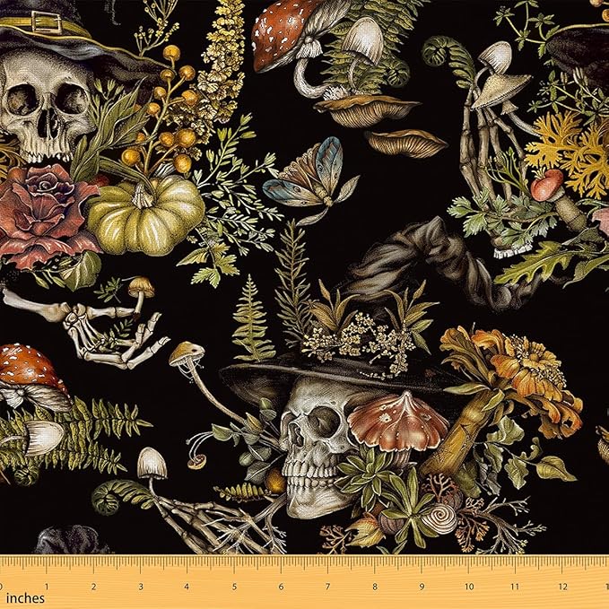 Feelyou Sugar Skull Upholstery Fabric for Chairs Death Moth Fabric by The Yard Teens Room Decor Flroal Leaf Print Decorative Waterproof Outdoor Fabric 1 Yard Natural Theme Outdoor Fabric - sugar skull table lamp