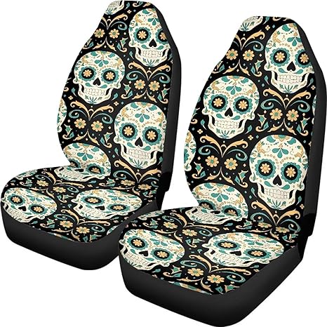 Halloween Sugar Skull Car Seat Covers 2PCS Front, Ditsy Floral Candy Skull Breathable Seat Covers for Cars, Spooky White Head Bone Print Auto Car Seat Protectors - sugar skull car seat covers set