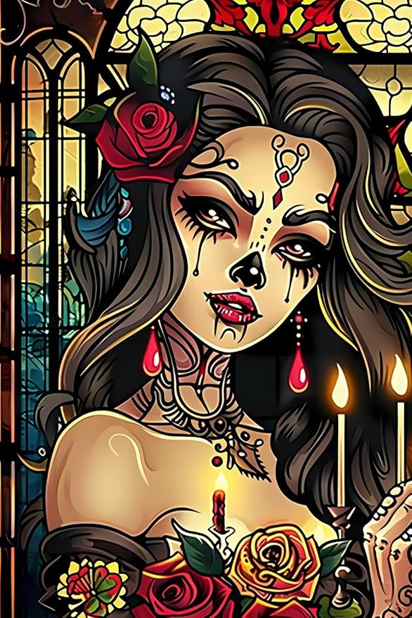 GUAIEUW DIY The Sugar Skull Woman and The Candles Diamond Painting Kits 5D Round Diamond Painting for Adult Candle Diamond Art Kit for Wall Decor & Living Room Decor 12x16 inch - sugar skull candle holder