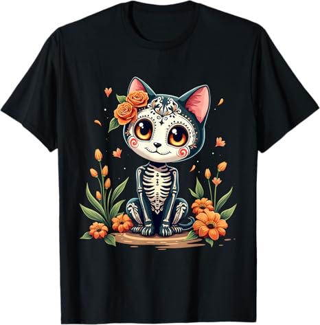 Funny Cat Sugar Skull Dia De Los Muertos - sugar skull t-shirt womens