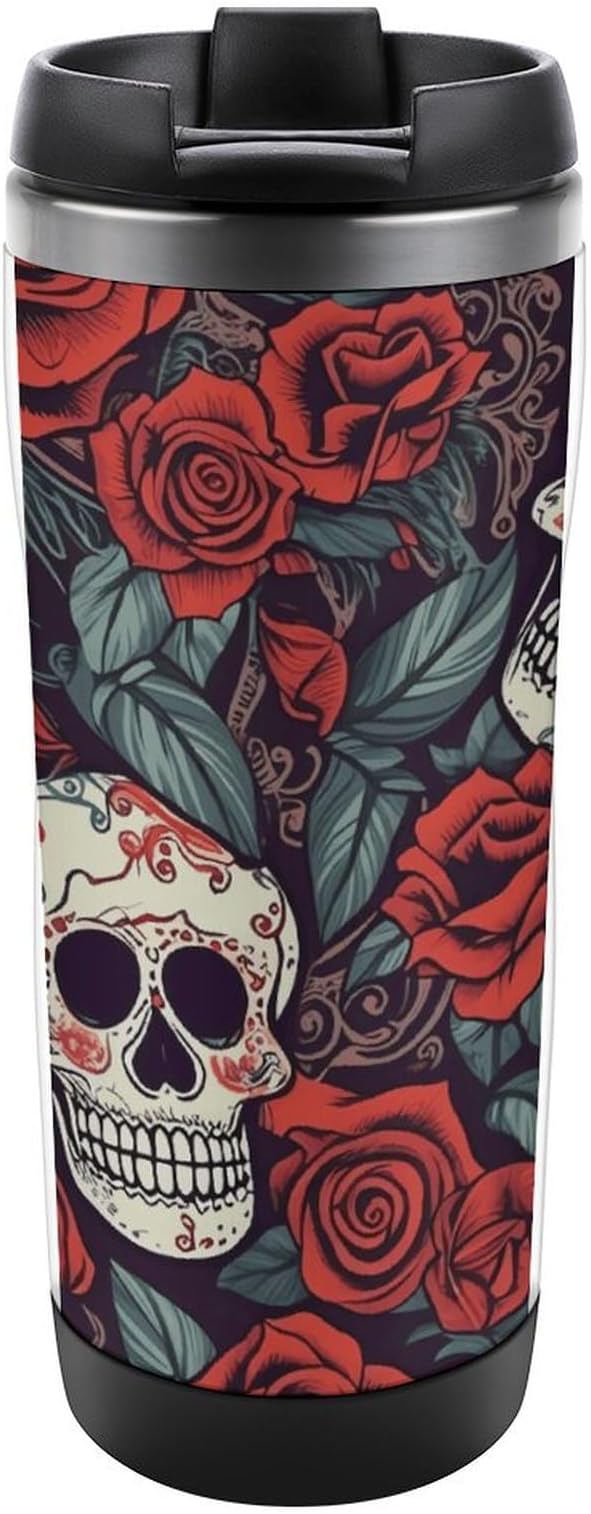 Travel Coffee Mug Sugar Skulls And Red Roses Insulated Travel Mug Reusable Stainless Steel Coffee Cup Thermos Double Walled Coffee Tumbler with Lids for Hot And Cold Drink - sugar skull tumbler with straw