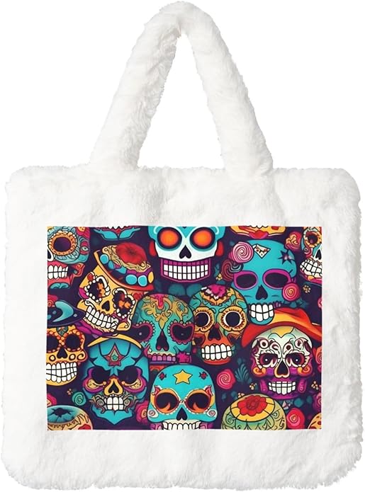 Sugar Skulls Print Cute Autumn Winter Plush Handbag Large Capacity Festival Party Present Bag - sugar skull handbags for sale